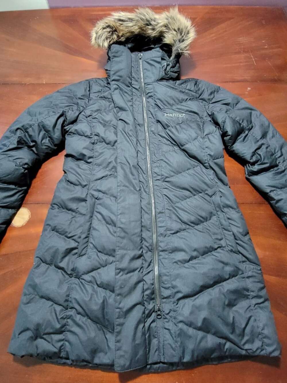 Marmot Strollbridge Down Parka Jacket Black Faux Fur Hood 700 Fill Puffer Large